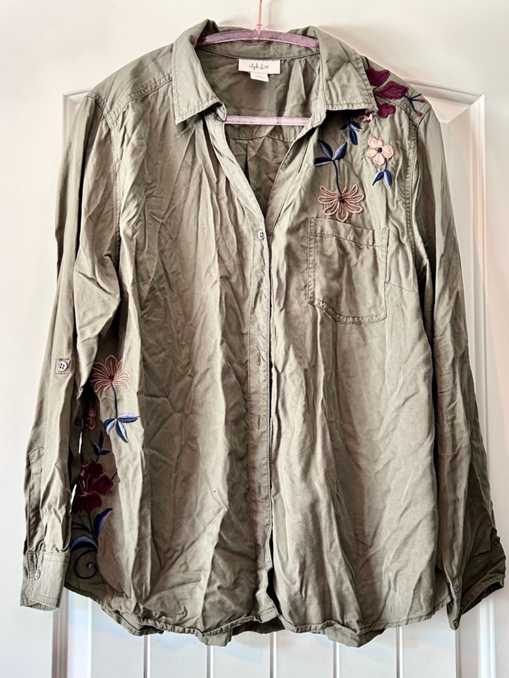 Style & Co. Olive Green Shirt with Pink Embroidered Accent Trim